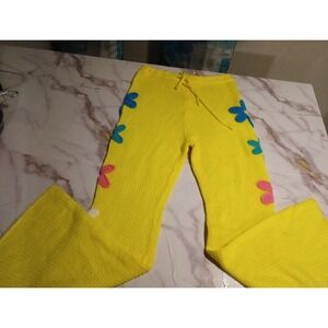 Y2K Neon Yellow EMMIOL flare Pants Knit Style Wide Leg Embroidery Floral Patern